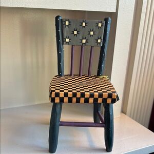 Whimsical Orange and Blue Doll Chair with Checkerboard Seat
